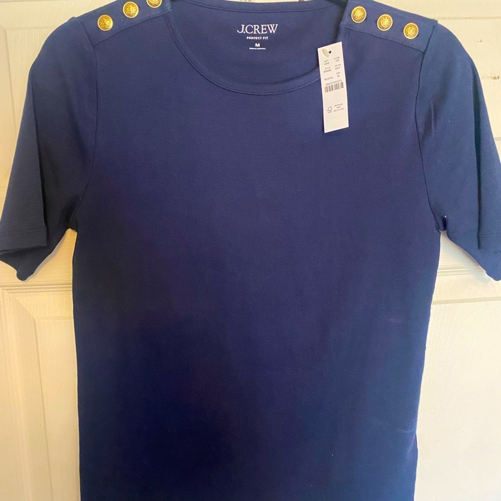 J. Crew Navy Tee with Gold Shoulder Buttons